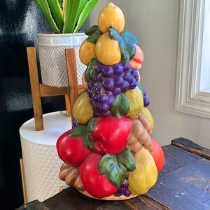 Vintage 1970s Ceramic Fruit Tower Centerpiece Hand Painted American Folk Art